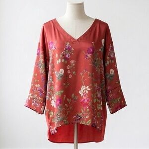 SFERRA|Exquisite Wine Red Floral Deep V-Neck Satiny/Cotton Blouse Loose Top Sz L